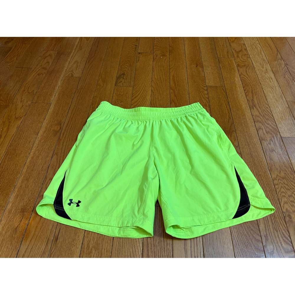 Under Armour Mens XL Neon Lime Green Athletic Running Shorts Mesh Trim Fitted